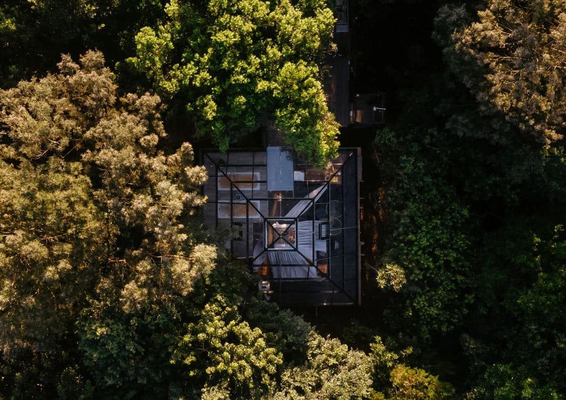 The Pyramid at Misty Mountain Reserve: Aerial view of glass pyramid nestled in lush forest