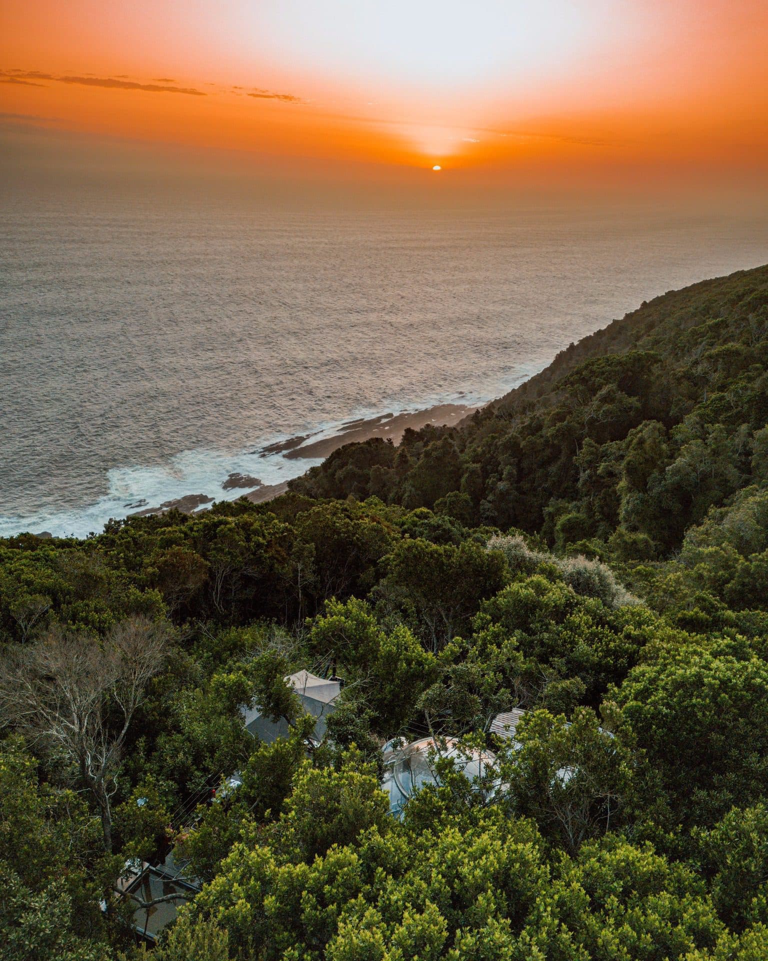 The Ocean Dome at Misty Mountain Reserve: Aerial drone view of dome and deck in forest