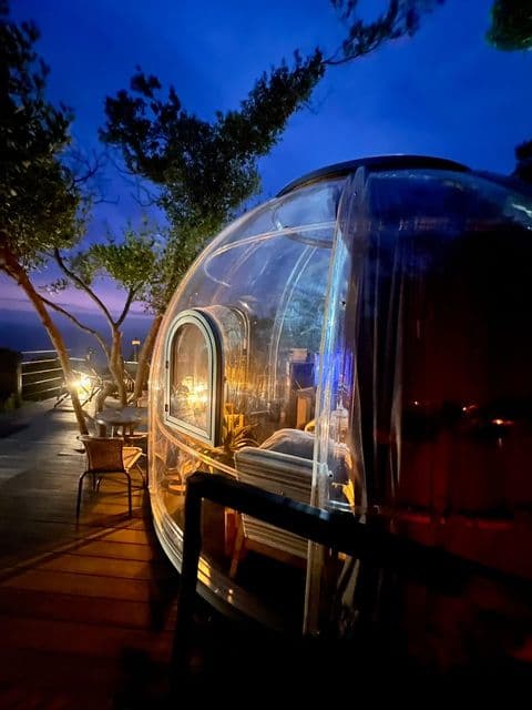 The Ocean Dome at Misty Mountain Reserve: Glowing transparent dome at blue-hour dusk, lit deck and lanterns